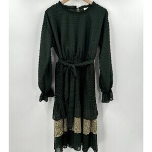 Bohme Evergreen Swiss Dot Long Sleeve Tie Waist Midi Dress Size Large